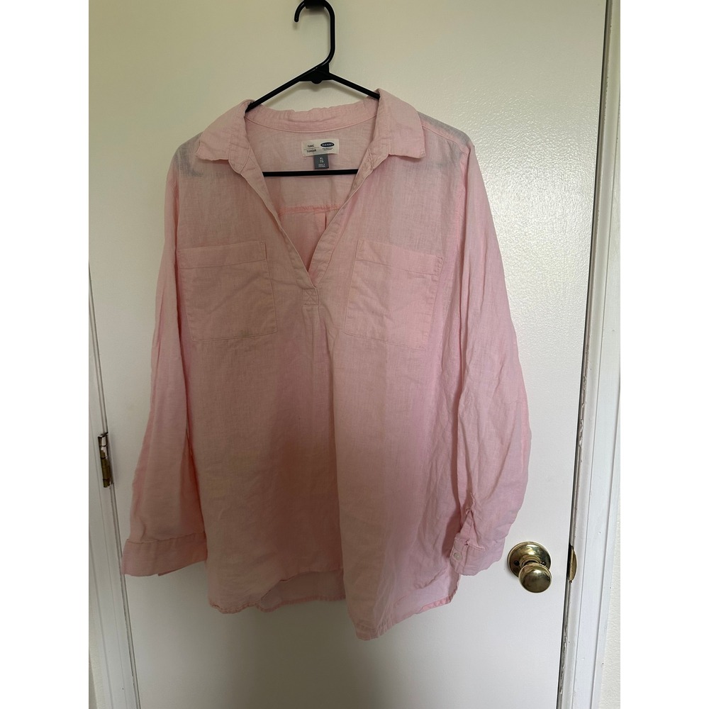 Old Navy Pink Linen Blend Tunic Top XL Long Sleeve Pullover V-Neck Pockets